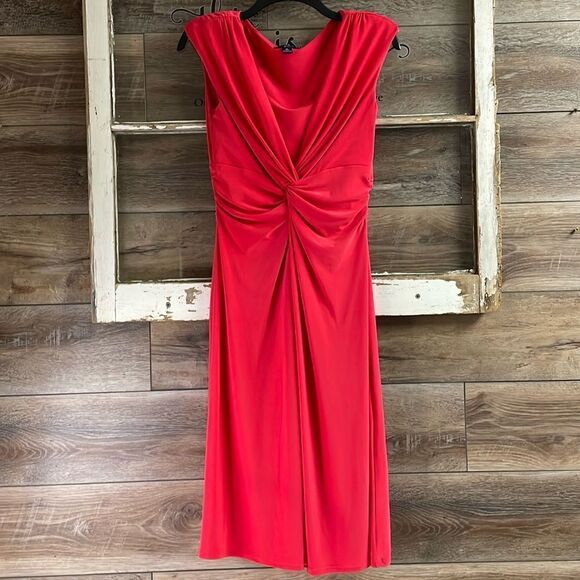 CHAPS Midi Dress Women's Size Medium Watermelon Pink Slinky Twist Front Modest - Picture 2 of 6